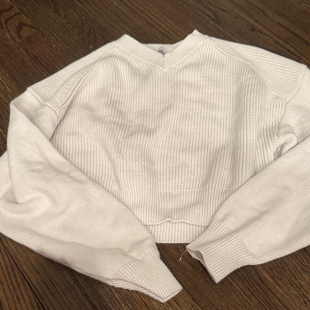 Zara Cropped Scoop-Neck White Ribbed Sweater